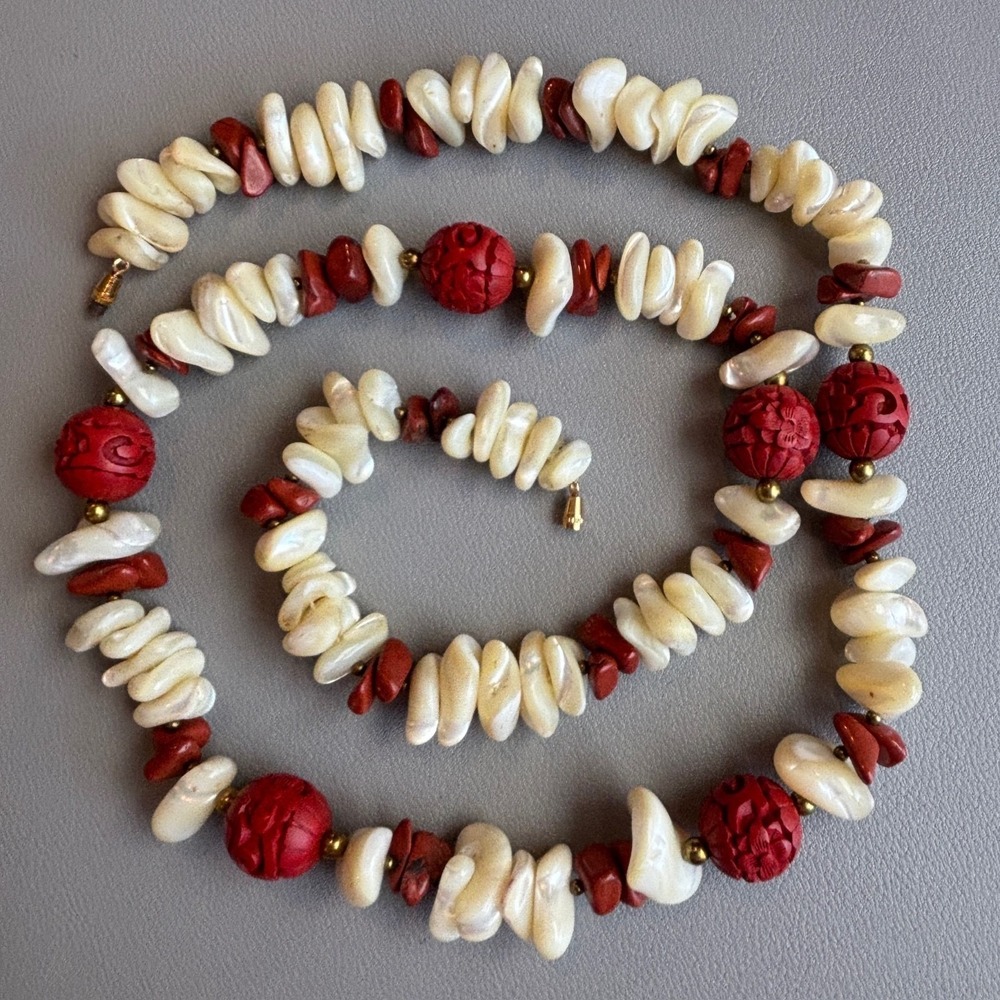 Vintage Carved Cinnabar Style & Cream Colored Shell Beaded Necklace 28"